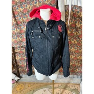 Harley Davidson Womens Black Hooded Jacket Red Wings Logo Size S removable vest